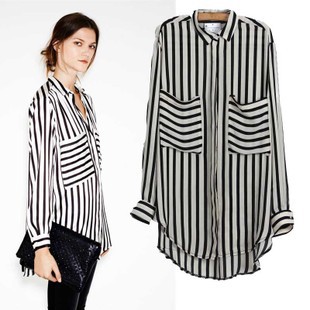 Women's White and Black Striped Casual Chiffon Shirts fashion Long Sleeve Blouse Shirt free shipping