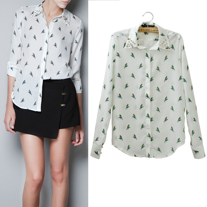 Women's White Blouse,Long sleeve Parrot Printing Chiffon Shirt Rivet Collar,Elegant Vintage Casual Brand Design,Free Shipping