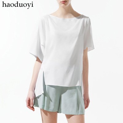 Women's white chiffon blouses with astmetric sleeve and cirm for free shipping