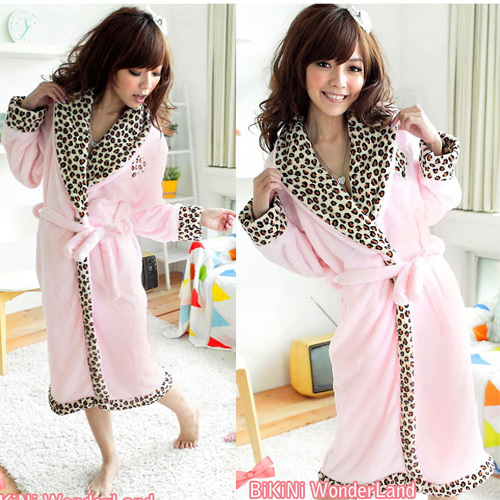 Women's winter coral fleece long-sleeve nightgown sleepwear pink lounge leopard print robe bathrobes 100% cotton