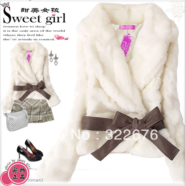 Women's Winter Elegant Imitated Rabbit Fur Bowknot Belt Embellished Warm Soft Coat Grey/Beige/Black JR001/JR002/JR003
