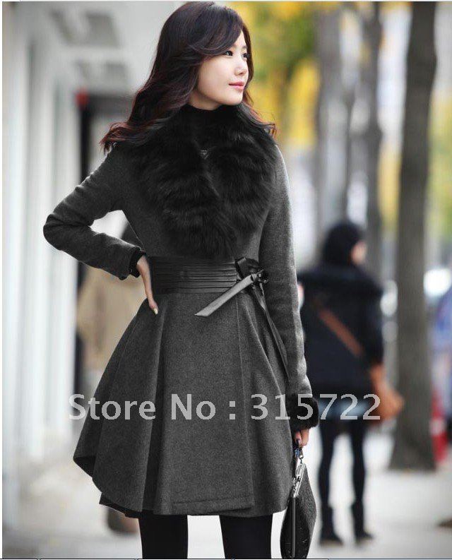 Women's Winter Elegant Slim Fit Long Fashion Coat Jacket Woolen Faux Fox Wool Collar Outwear L-005