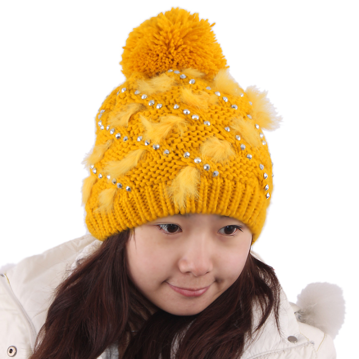 Women's winter fashion rabbit fur knitted hat diamond Women oge ball female hat