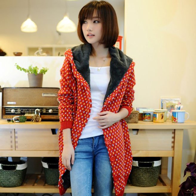 Women's winter knitted sweater female plus velvet thickening overcoat with a hood multicolour dot clothes