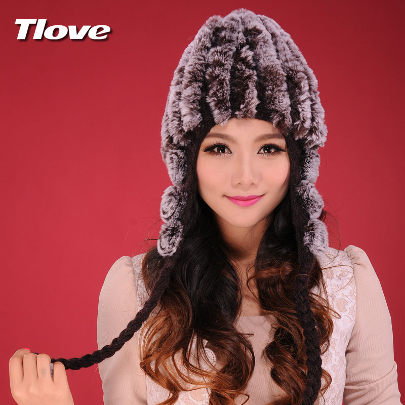 women's winter rex rabbit hair fur hat rose ear protector cap thickening thermal ball cap
