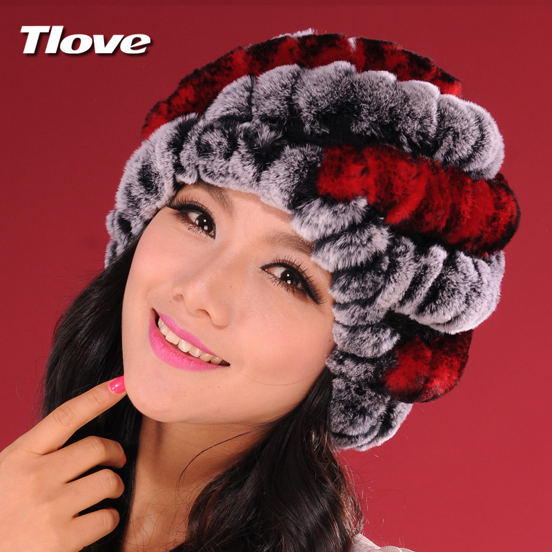 women's winter rex rabbit hair yarn thickening version of big pineapple hat fur hat slanting stripe cap