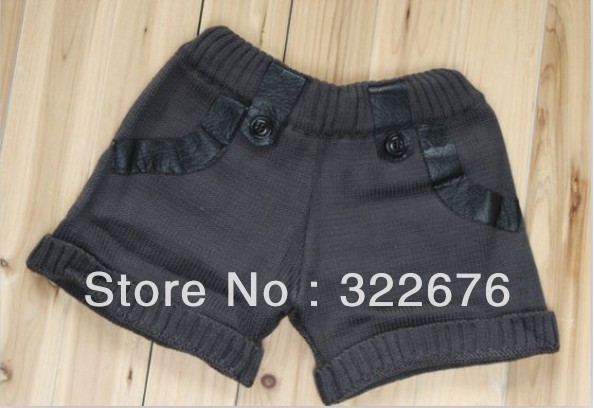 Women's Winter Stylish Fake Pocket Decorated PU Montage Knitting Shorts Pants Grey WD12091915-2