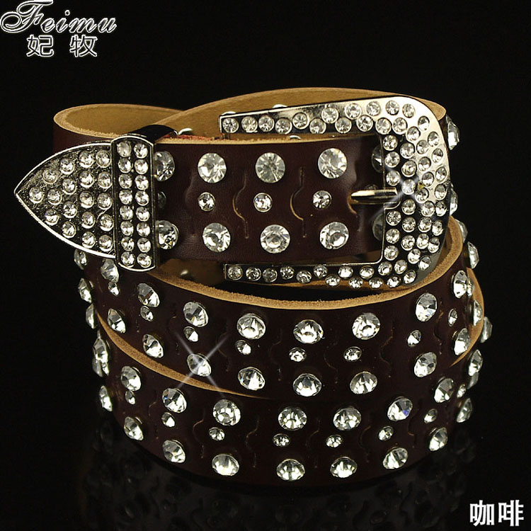 Women's with diamond belt cutout genuine leather women's cowhide strap diamond fashion belt rhinestone