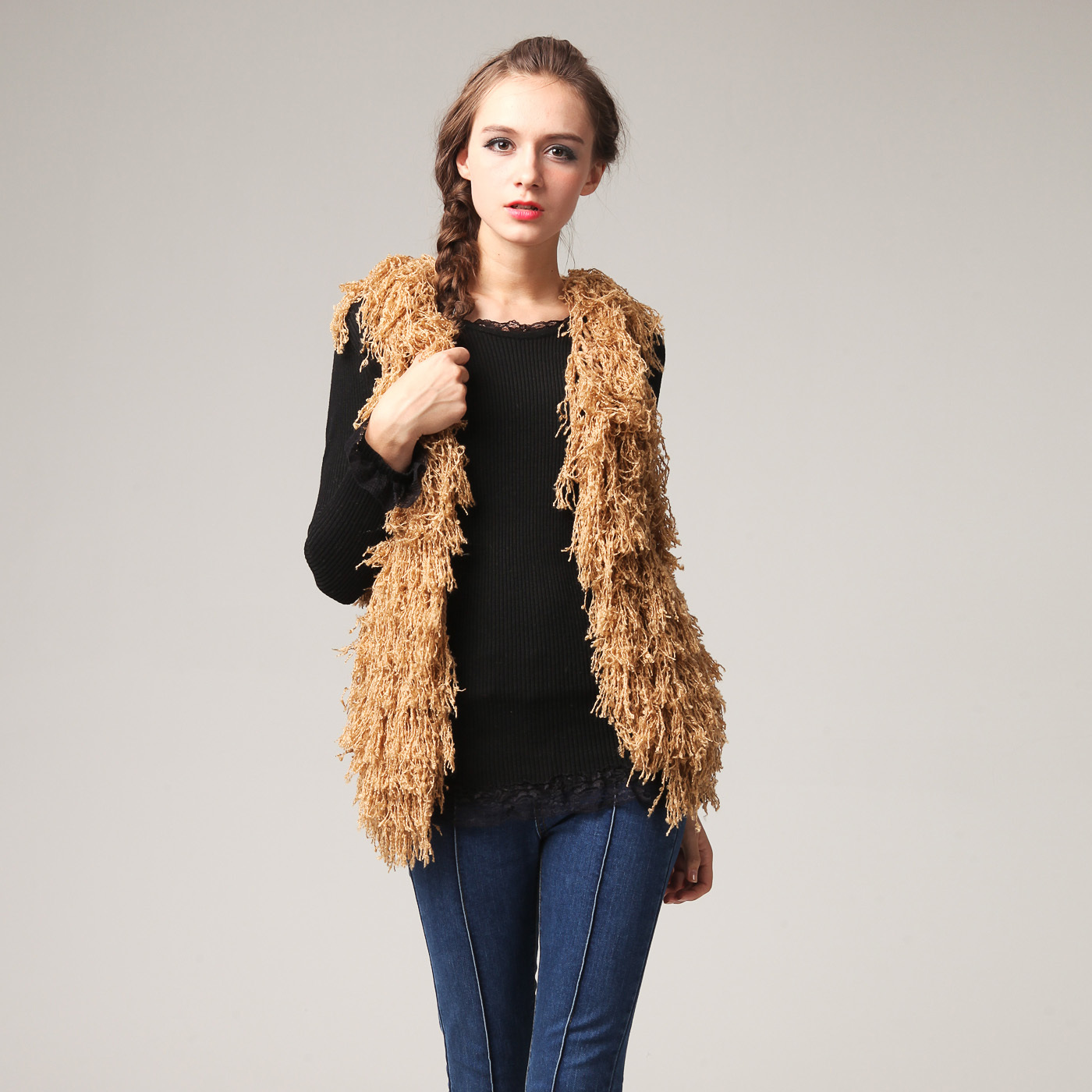 Women's women's new arrival fashion tassel medium-long slim all-match cutout knitted yarn vest