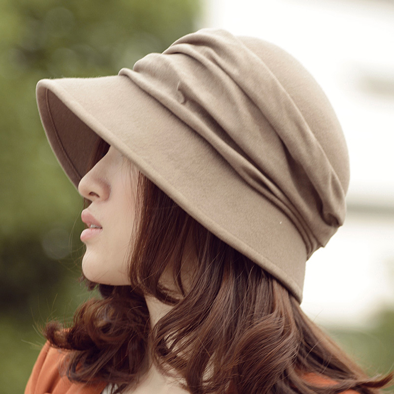 Women's wool bucket hats autumn and winter tapirs pleated hat wide brim dome millinery woolen cap