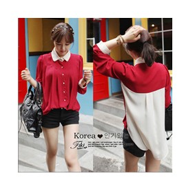 Women's xb6 fashion solid color chiffon patchwork color block shirt long-sleeve loose shirt