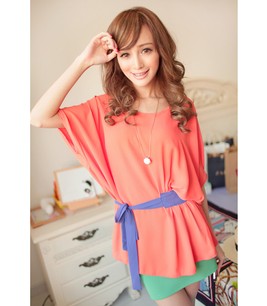 Women's xb6 fashion vivi magazine candy color patchwork the waist lacing chiffon shirt summer