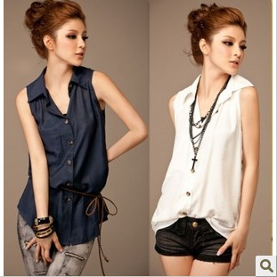 Women's xc3 summer sexy sleeveless turn-down collar shirt slim sleeveless shirt female belt