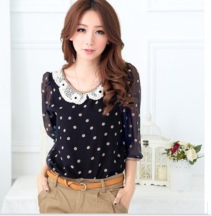 Women's xc3 sweet cutout knitted peter pan collar polka dot three quarter sleeve chiffon shirt loose