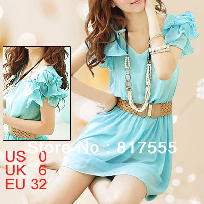 Women Scoop Neck Ruffled Short Sleeve Chiffon Light Blue Pullover Summer Dress XS