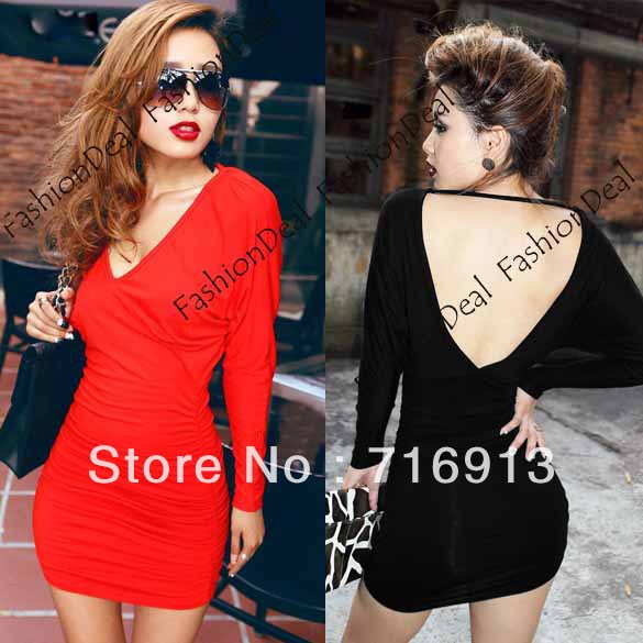 Women Sexy Deep V-neck Long Sleeve Backless Mini Dress Skirt Party Club Dress 3 Colors Free shipping 9175