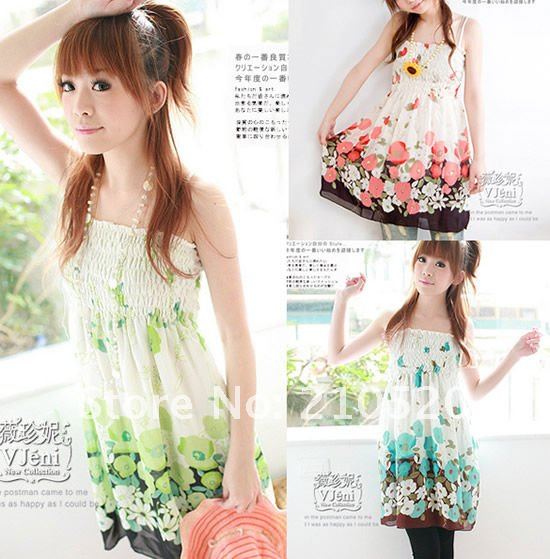 Women Sexy Elastic Waist Tunic Chiffon Casual Blouse Floral Prints Strap Dress