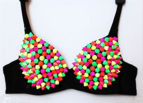 Women Sexy  Gathers Punk Spike Studs Rivet Bra Ladygaga Fluorescent xc-126