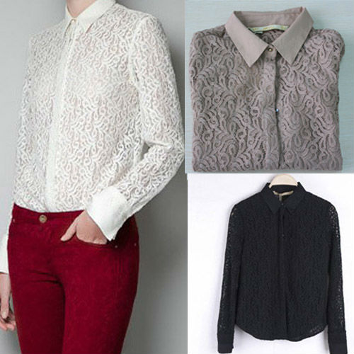 WOMEN SEXY LACE PATCHWORK Perspective LONG SLEEVE SHIRT BLOUSES 3771