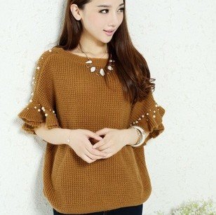Women Sexy Large Free Size Beading Puff SleevePullovers Women Sweater  Knitted Coat 261906