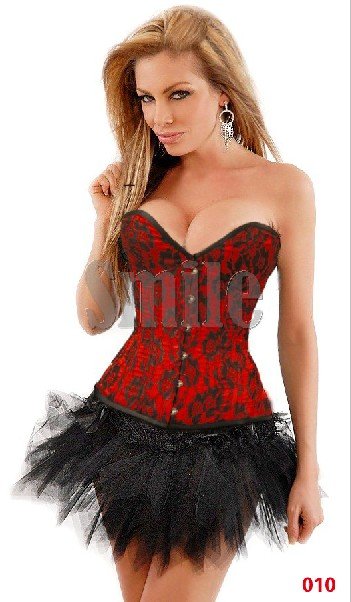 Women Sexy Red Corset With Black Skirt  Fashion Control Slips Free Shipping