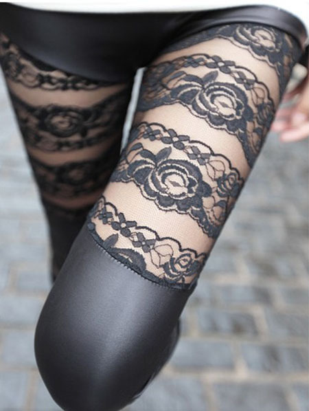Women Sexy Splicing Faux Leather Lace Rose Flower Leggings Pantyhose Tights Pant free shipping