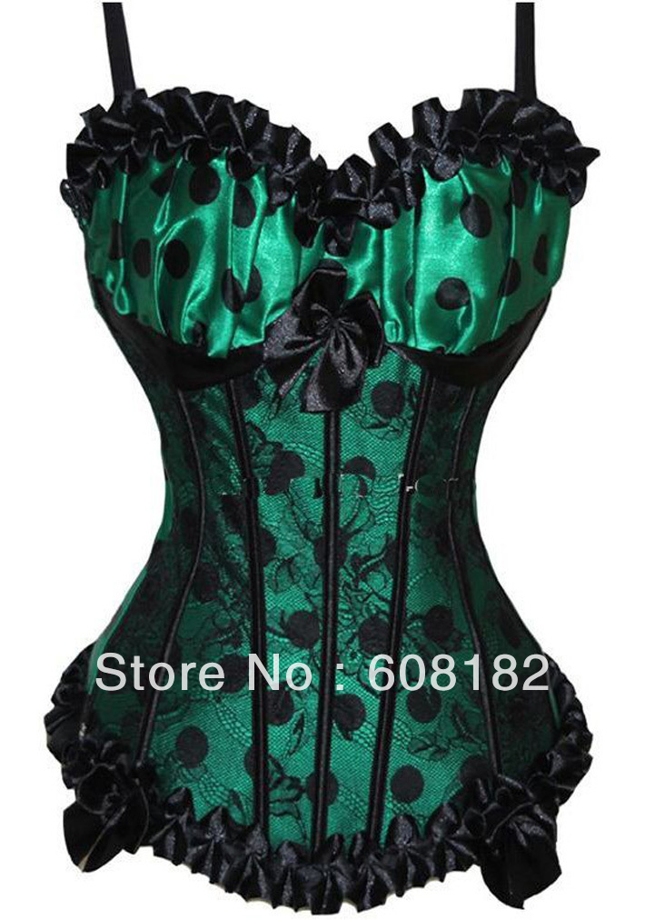 women shaper Corset(overbust) Sexy Lingerie (bustier + g-string) satin green 0895 free shipping