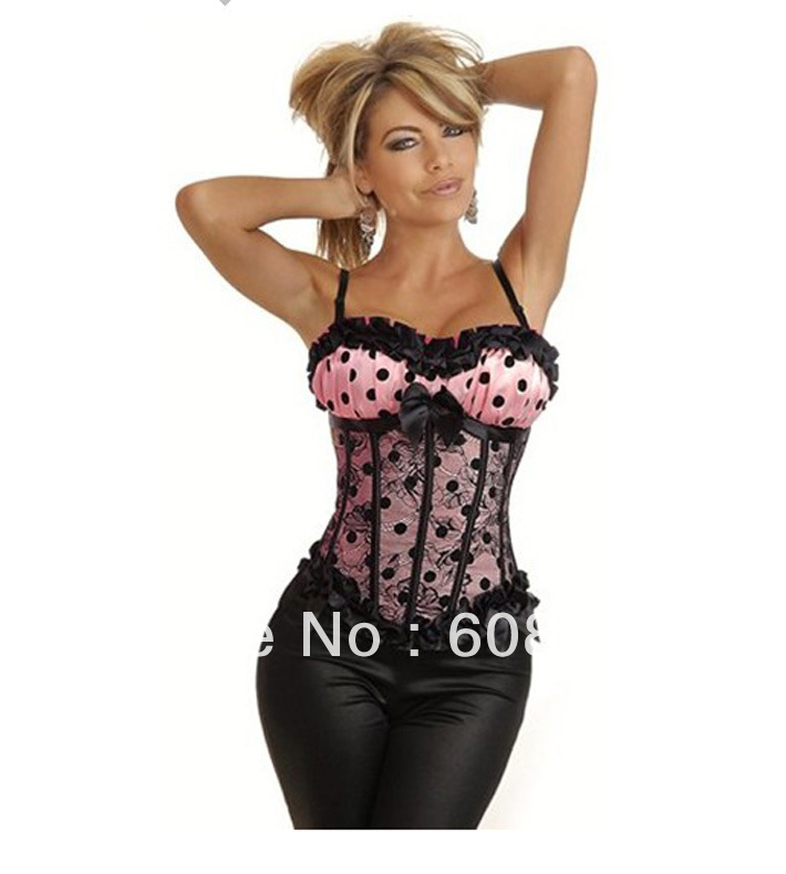 women shaper Corset(overbust) Sexy Lingerie (bustier + g-string) satin pink 0892 free shipping