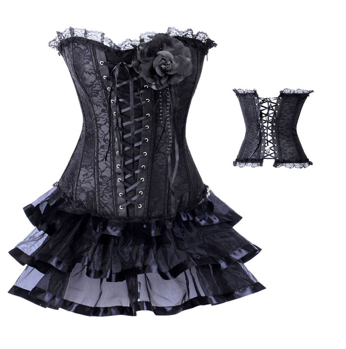 Women shaper satin Corset  Sexy Lingerie (bustier+underwear+skirt)  black 3370