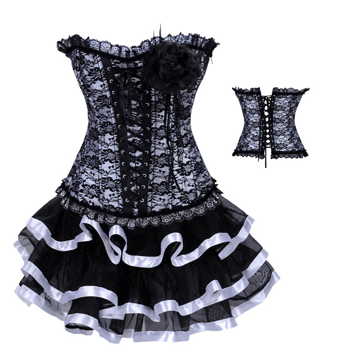 Women shaper satin Corset  Sexy Lingerie (bustier+underwear+skirt)  white 3369