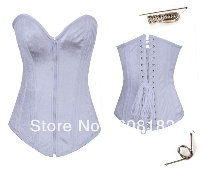 Women shaper satin steel bone Corset Sexy Lingerie (bustier+underwear) white 3375