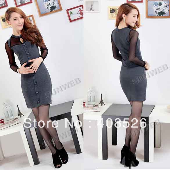Women Slim Fit Render Skinny Long Sleeve Bag Hip Dress Mini Dress Gray Black free shipping 8243