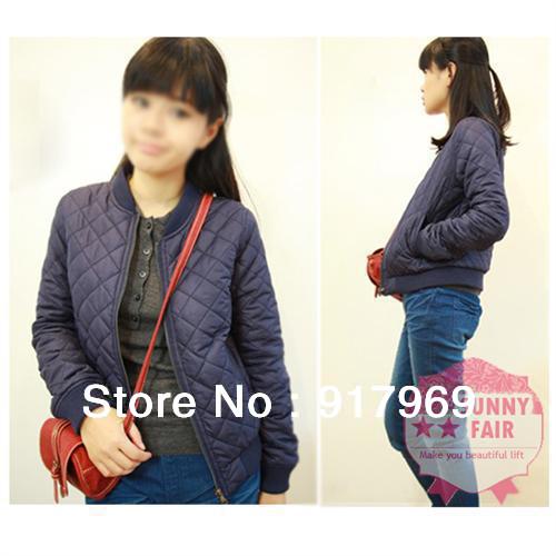 Women Soft Retro Rhombus Zipper Stretch Hem Cuff Inside Pocket Cotton Short Coat