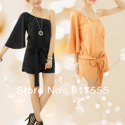 Women Solid Color 2013 NEW Fashion Black One Shoulder 3/4 Sleeve Romper Short Jumpsuit