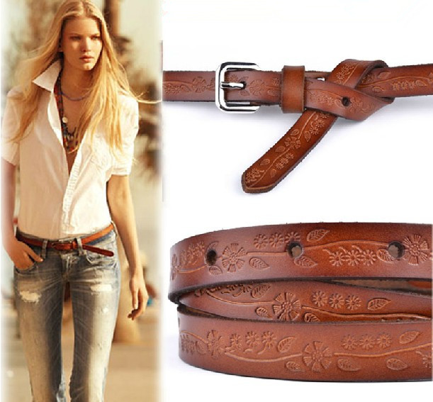 Women strap fashion carved women's first layer of cowhide genuine leather thin casual all-match belt pin buckle