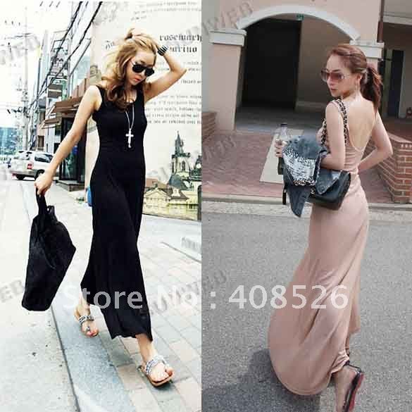 Women Stretch Cotton Maxi Slim Sexy Backless Sundress Long Dress 2 Colors free shipping 3725