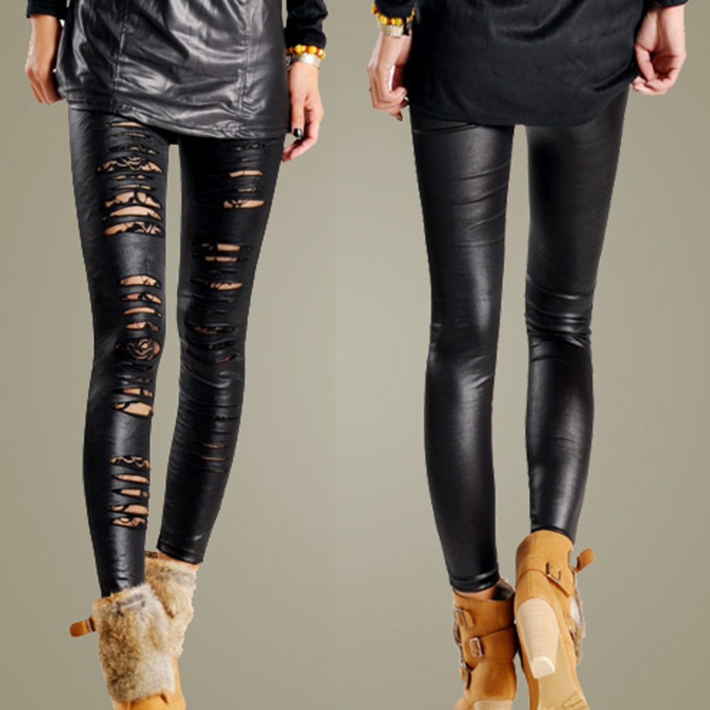 Women Stretchy Faux Leather Punk Ripped Smart Shiny Leggings Pants