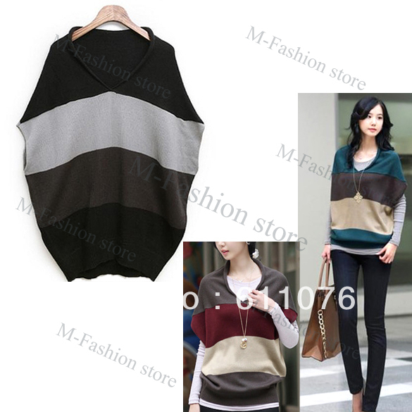women Stripes Sleeveless Loose wool knitwear sweater weave sweater pullover batwing coat 3 colors Free Shipping 7423