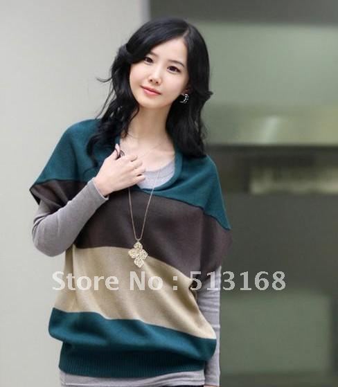 women Stripes Sleeveless v neck Loose wool knitwear sweater weave sweater pullover batwing coat Free Shipping