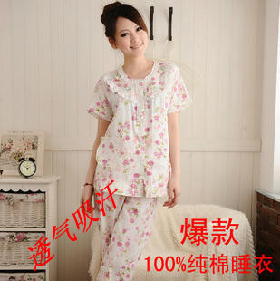 Women summer 100% cotton short sleeve length pants flower breathable sweat absorbing cotton cloth sleep set cardigan
