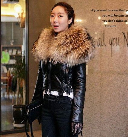 Women Super Large Luxury Real Fur Collar Genuine Leather Jacket Short Coat Free Shipping Wholesale WP1016