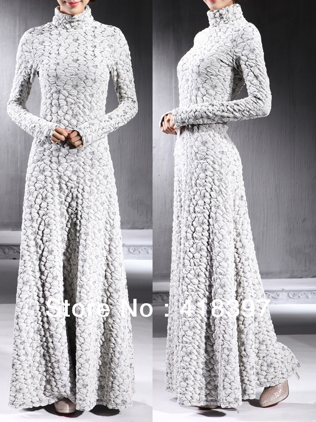 Women super Turtleneck FULL LENGTH GOWN Maxi Long sleeve Dress 2013 New