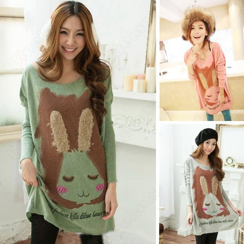 Women Sweater  Lovely Sweet  Rabbit Pattern Front Print Loose Long Sleeve Round Neck Sweater Knittingwear Lady Outerwear 33280