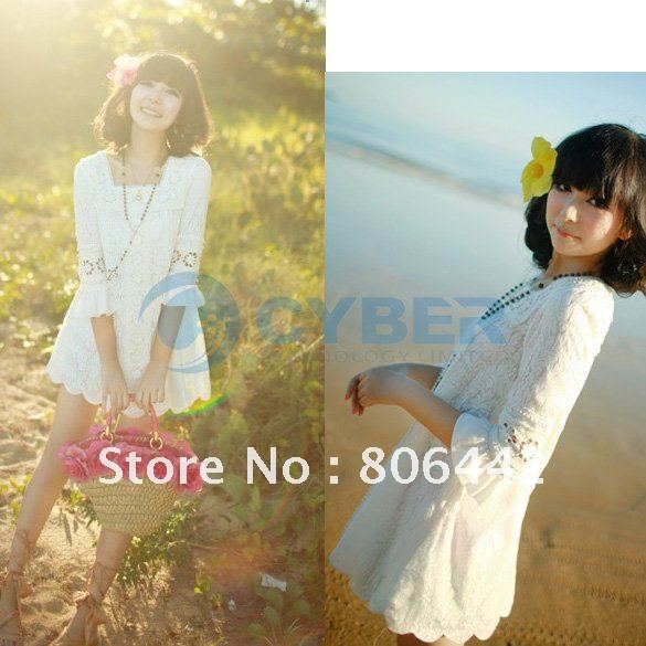 Women Sweet Crochet Square Neck 3/4 Sleeve Lace Party Wear Tops Mini Dress White