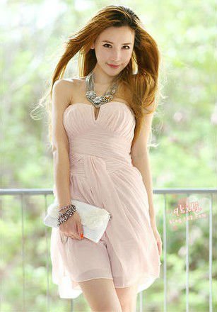 Women Sweet Pleated Pink Party Evening Chiffon Dress Prom Gown Hot Sale free shipping Size S M