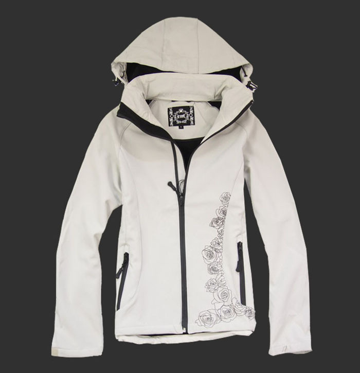 Women thermal soft shell windproof trench detachable cap print slim 5011