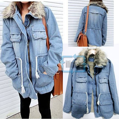 Women Thicken Jean Winter Coat Denim Faux Fur Collar Parka Warm Jacket Overcoat