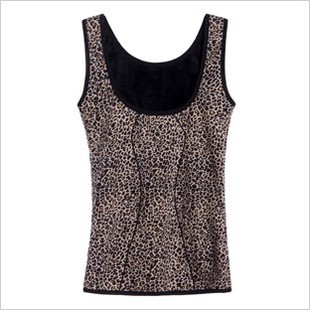 Women thickening plus velvet low collar big o-neck body shaping tights three-color leopard print thermal vest underwear