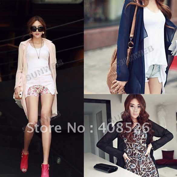 Women Tops Fashion Long Sleeve Sheerness Coat Long Chiffon Coat Pink Blue Black Free shipping 7638