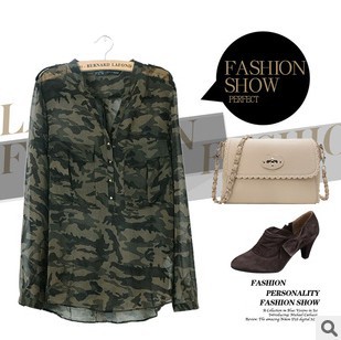 Women V-neck Camouflage Prints Tops Blouse Camo Shirt  YC-B21154-N66